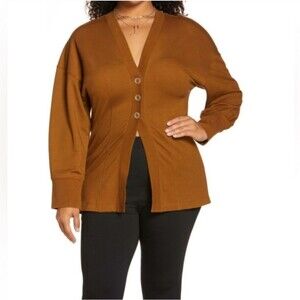 NWT Open Edit Brown Knit Button Front V Neck Drop Shoulder Cotton Cardigan Sz 3X